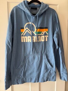 Marmot Light Blue Logo Hooded Pullover with Multicolor Stripe Graphic